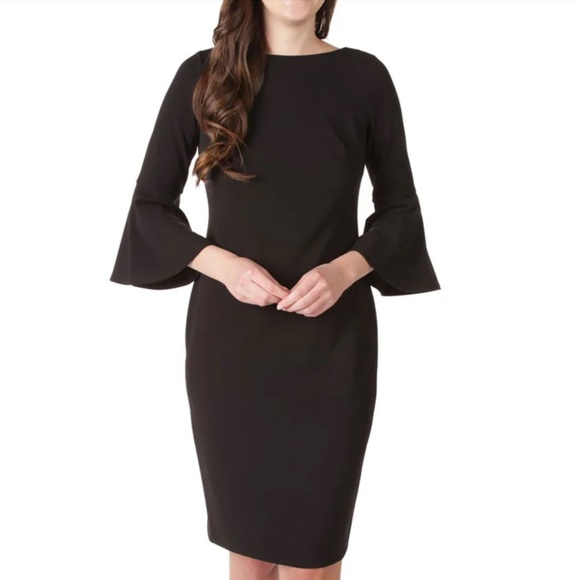 CALVIN KLEIN Bell Sleeve Solid Sheath Dress in Black Size 12 - Picture 2 of 10